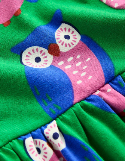 Ariel Langärmliges, schwingendes Kleid-Sattes Smaragdgrün Geometrisches Muster Eulen-3
