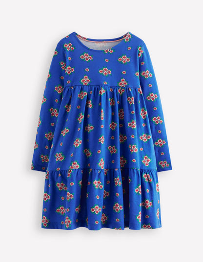 Ariel Langärmliges, schwingendes Kleid-Blau Blumenstrauß-1