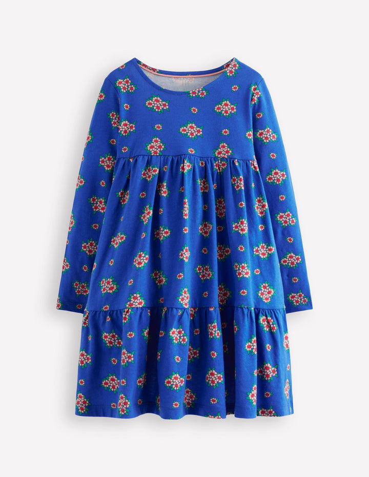 Ariel Langärmliges, schwingendes Kleid-Blau Blumenstrauß