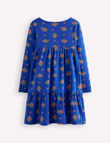 Ariel Langärmliges, schwingendes Kleid-Blau Blumenstrauß