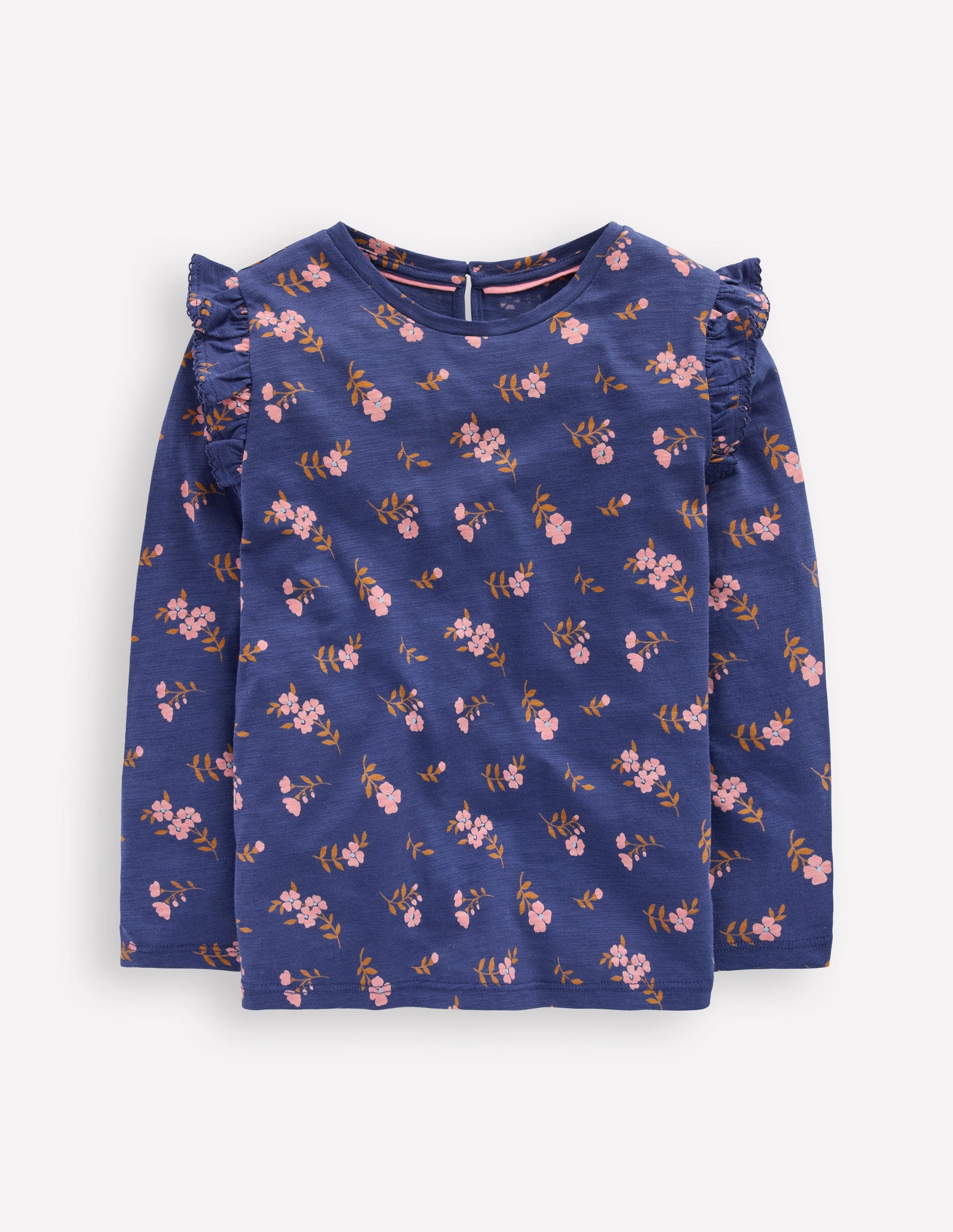 Frill Sleeve Slub Top-Starboard Blue Floral-1