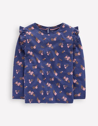 Frill Sleeve Slub Top-Starboard Blue Floral-1