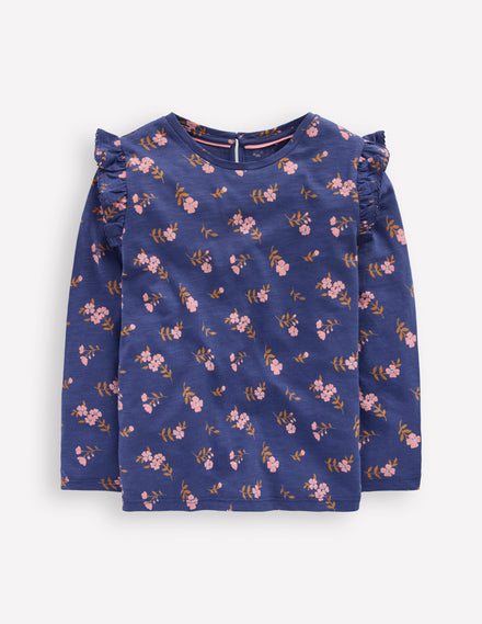 Oberteil aus Flammgarn mit Rüschenärmeln-Segelblau, Blumenmuster