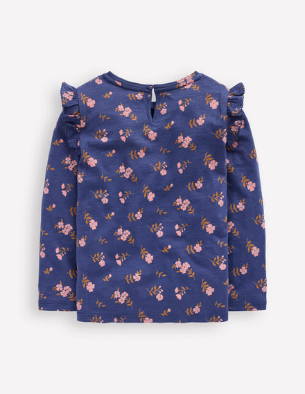 Oberteil aus Flammgarn mit Rüschenärmeln-Segelblau, Blumenmuster