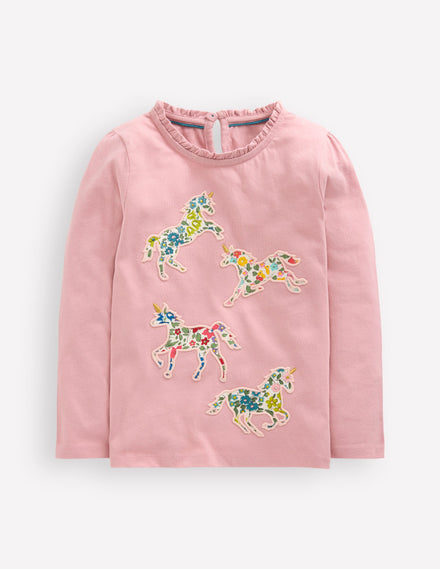 T-shirt à col volanté et appliqué-Licorne rose vintage