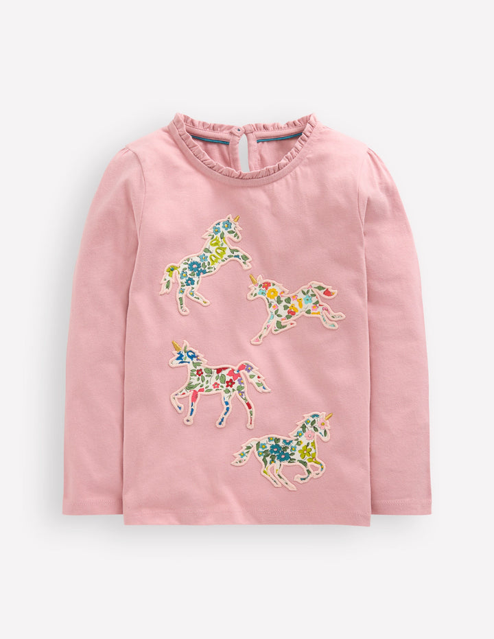 T-shirt à col volanté et appliqué-Licorne rose vintage