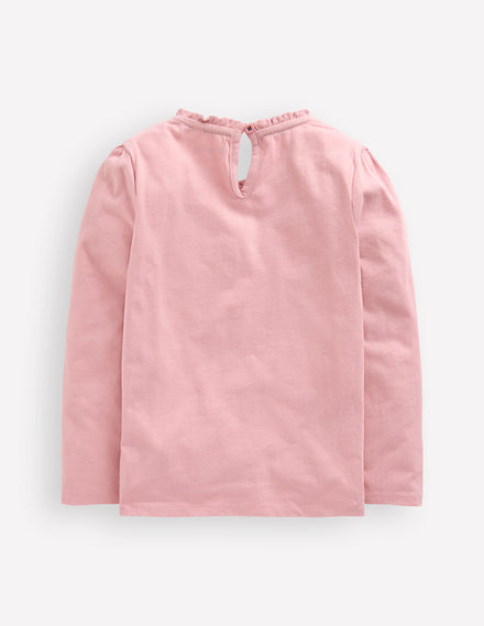 T-shirt à col volanté et appliqué-Licorne rose vintage