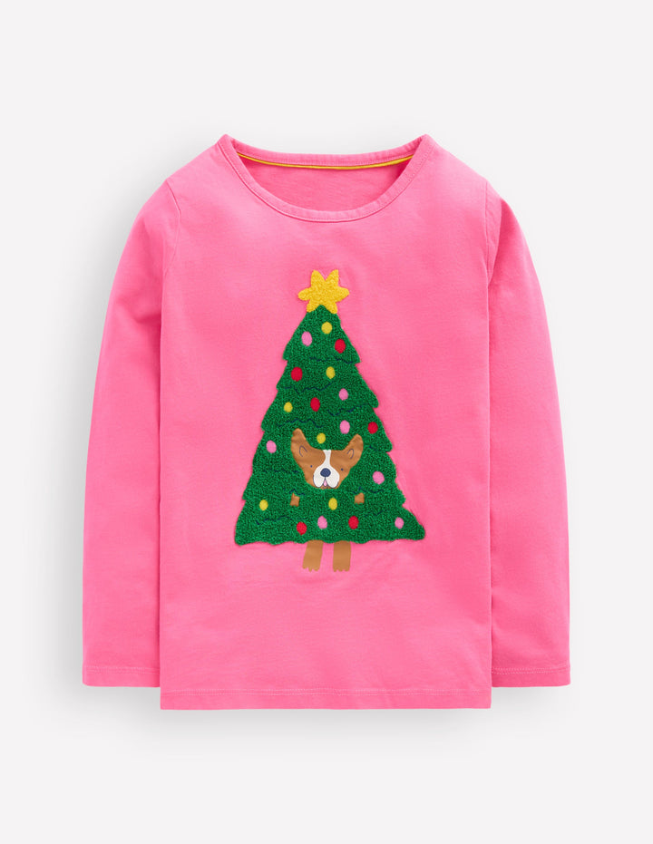 Long Sleeve Bouclé T-shirt-Pink Christmas Tree Dog