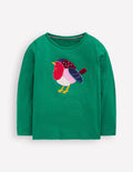 Langarmshirt aus Bouclé-Piniengrün, Rotkehlchen