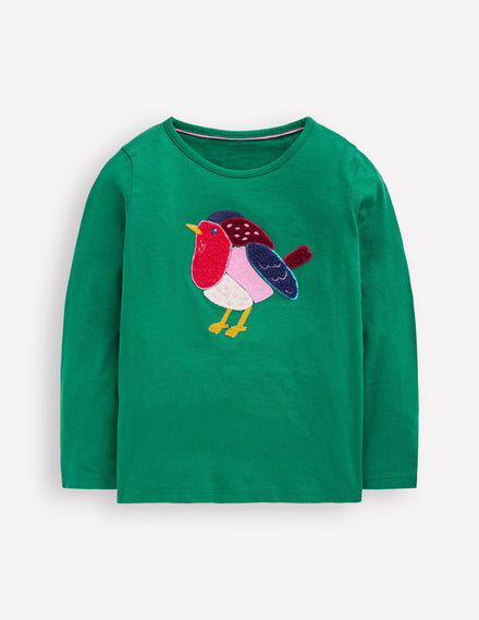 Langarmshirt aus Bouclé-Piniengrün, Rotkehlchen