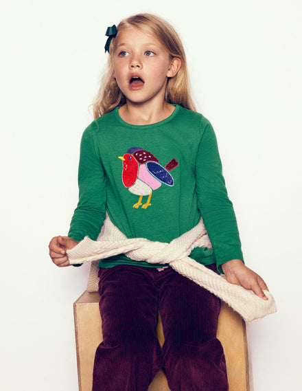 Langarmshirt aus Bouclé-Piniengrün, Rotkehlchen