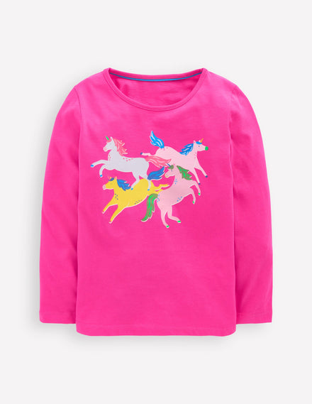 T-shirt manches longues à imprimé riso-Licornes rose framboise