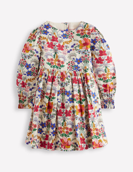Madeline Langärmliges Kleid-Beige Gobelin Kleines Blumenmuster