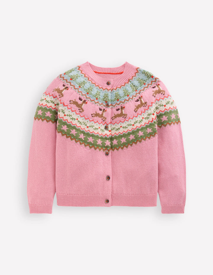 Edie Fair-Isle-Strickjacke-Pink Meliert Rentier