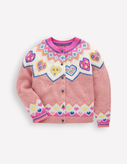 Edie Fair-Isle-Strickjacke-Rosa Melierte Herzen