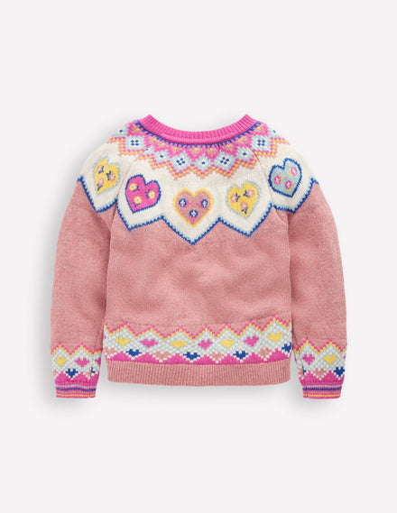 Edie Fair-Isle-Strickjacke-Rosa Melierte Herzen