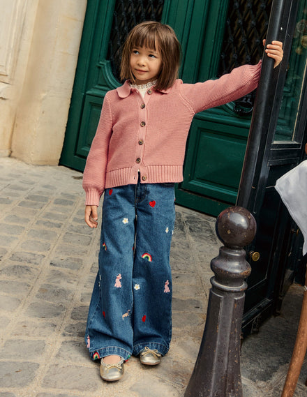 Hose mit weitem Bein-Denim Pariser Stickerei