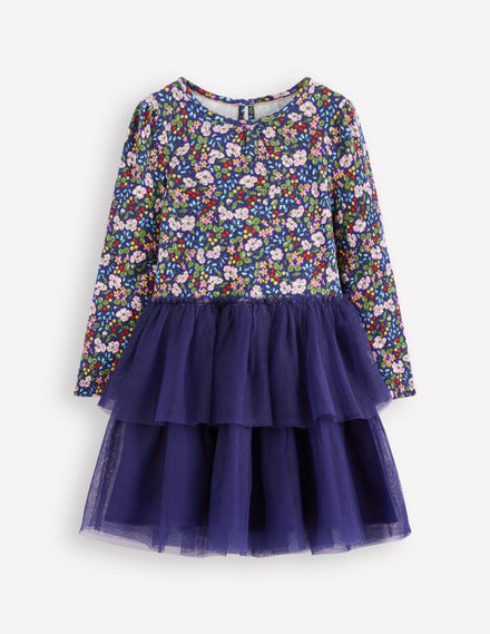 Robe en tulle mélangé-Motif floral baies bleu tribord