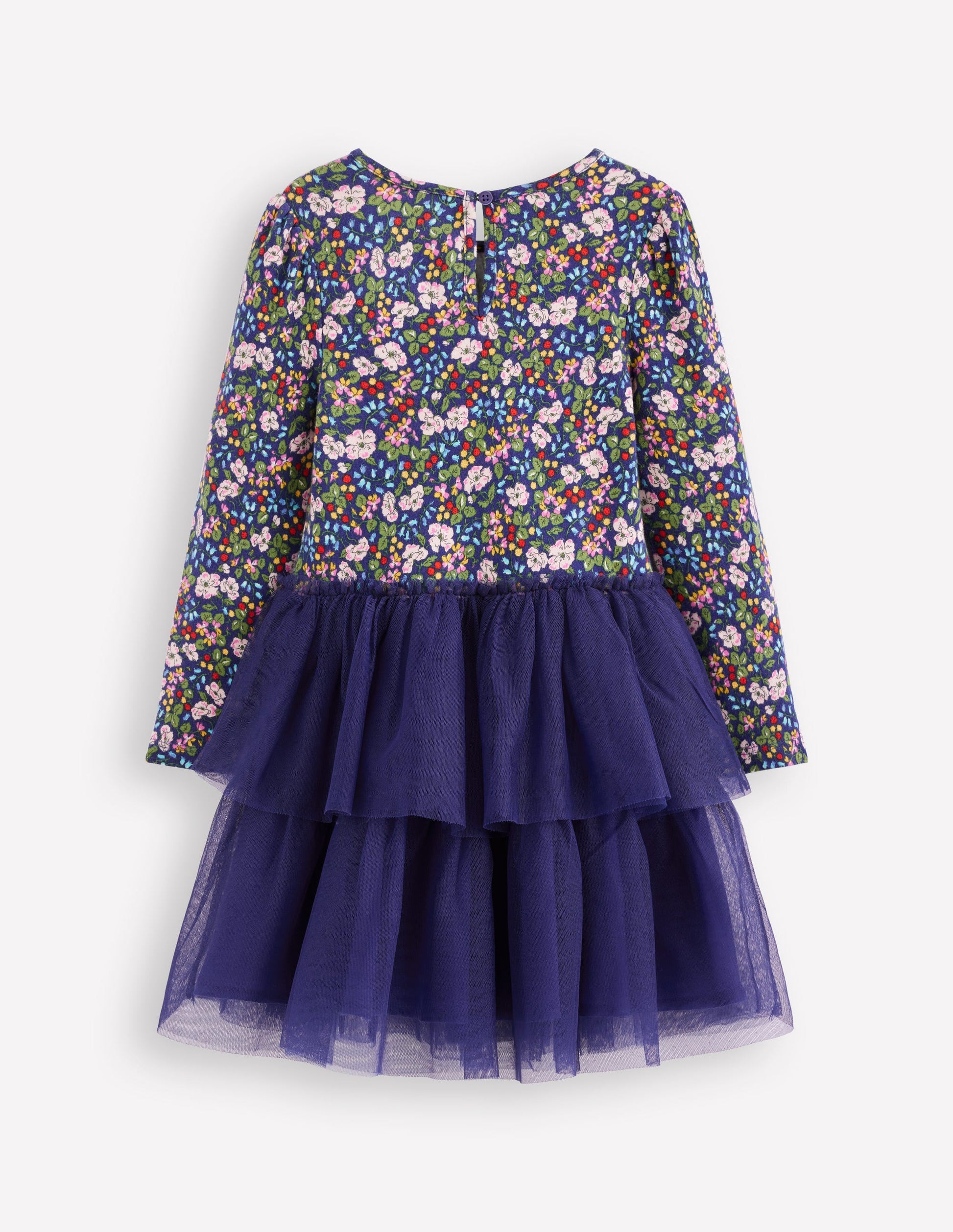 Robe en tulle mélangé-Motif floral baies bleu tribord-3