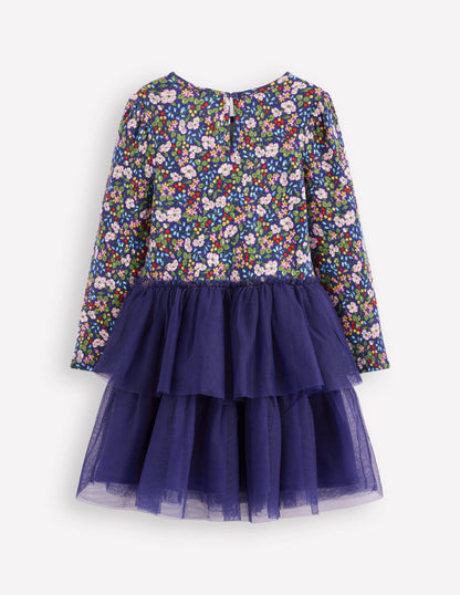 Robe en tulle mélangé-Motif floral baies bleu tribord-3