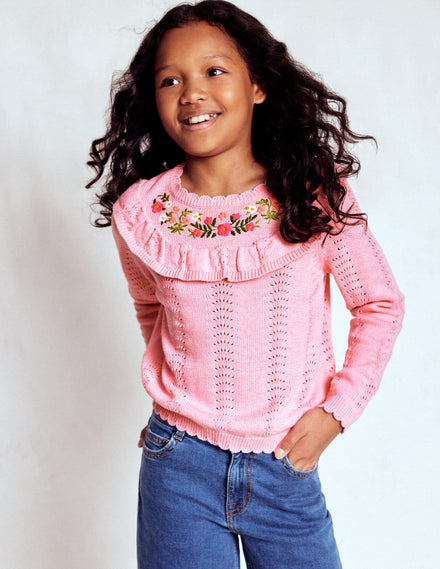 Pull brodé en pointelle-Rose formica chiné