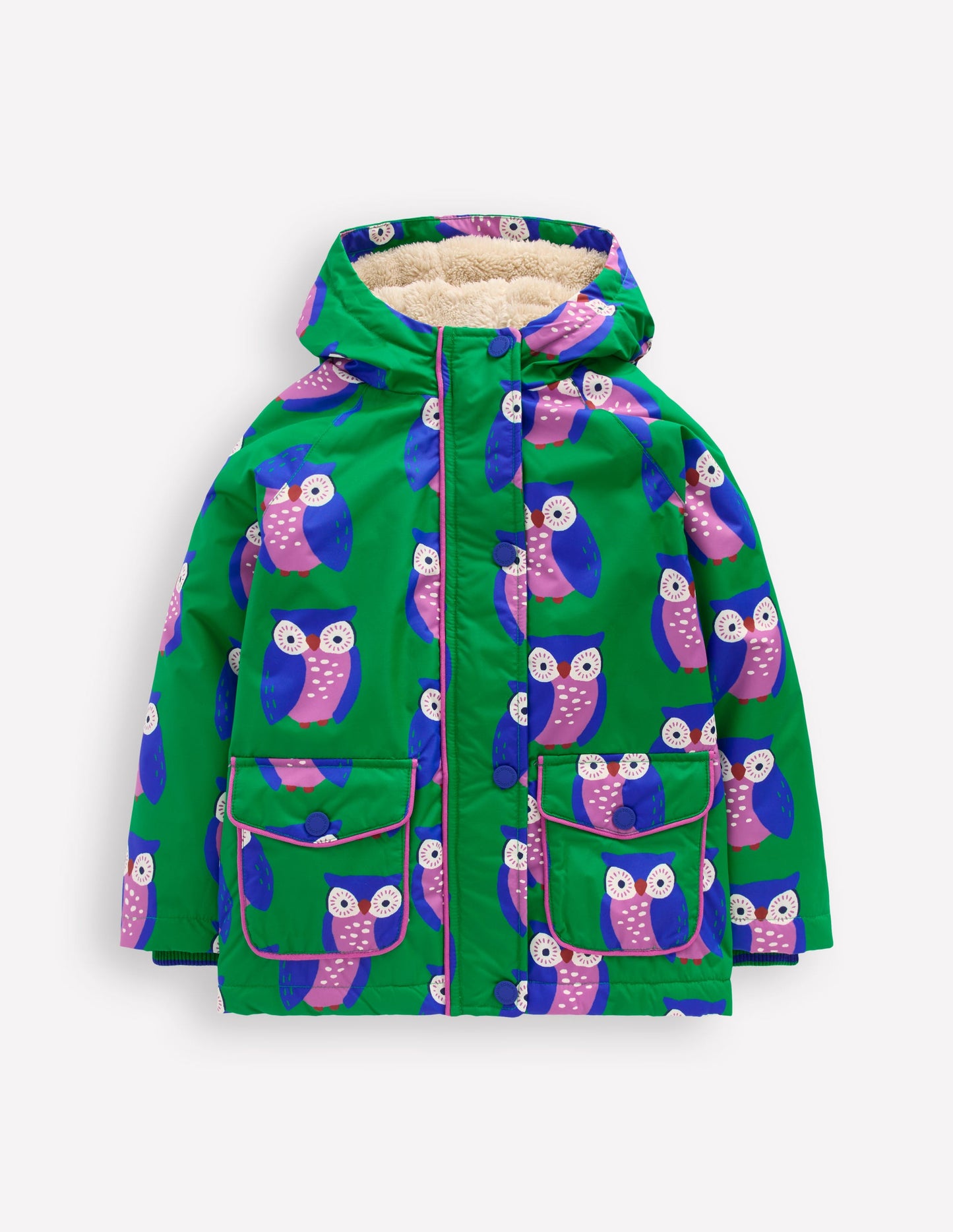 Anorak mit Sherpa-Futter-Sattes Smaragdgrün Geometrisches Muster Eulen