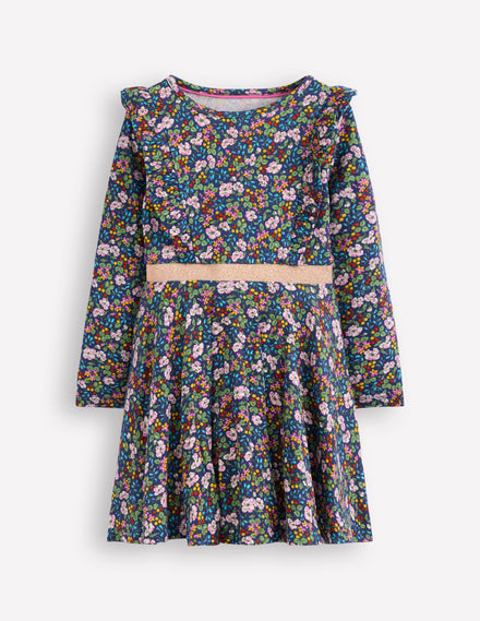 Robe tournoyante Cora en jersey-Motif floral baies bleu tribord