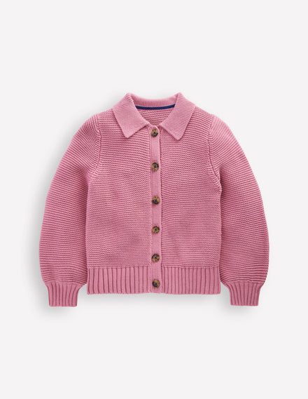 Strickjacke mit Kragen und Motiv-Rosa Schleier