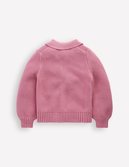 Strickjacke mit Kragen und Motiv-Rosa Schleier