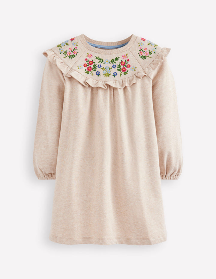 Besticktes Sweatshirt-Kleid-Beige Meliert