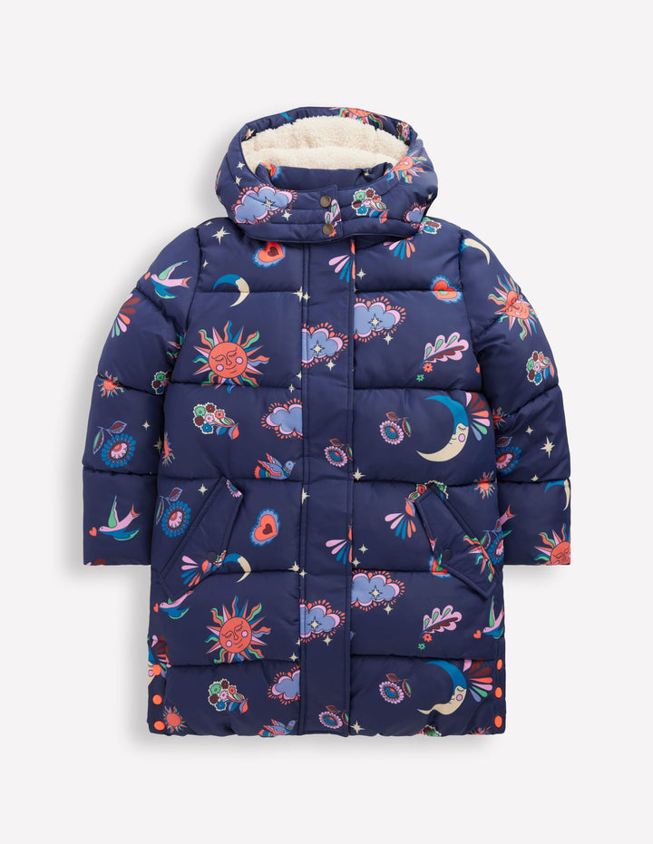 Wattierte Jacke in langer Form-Schuluniform-Marineblau Paisley