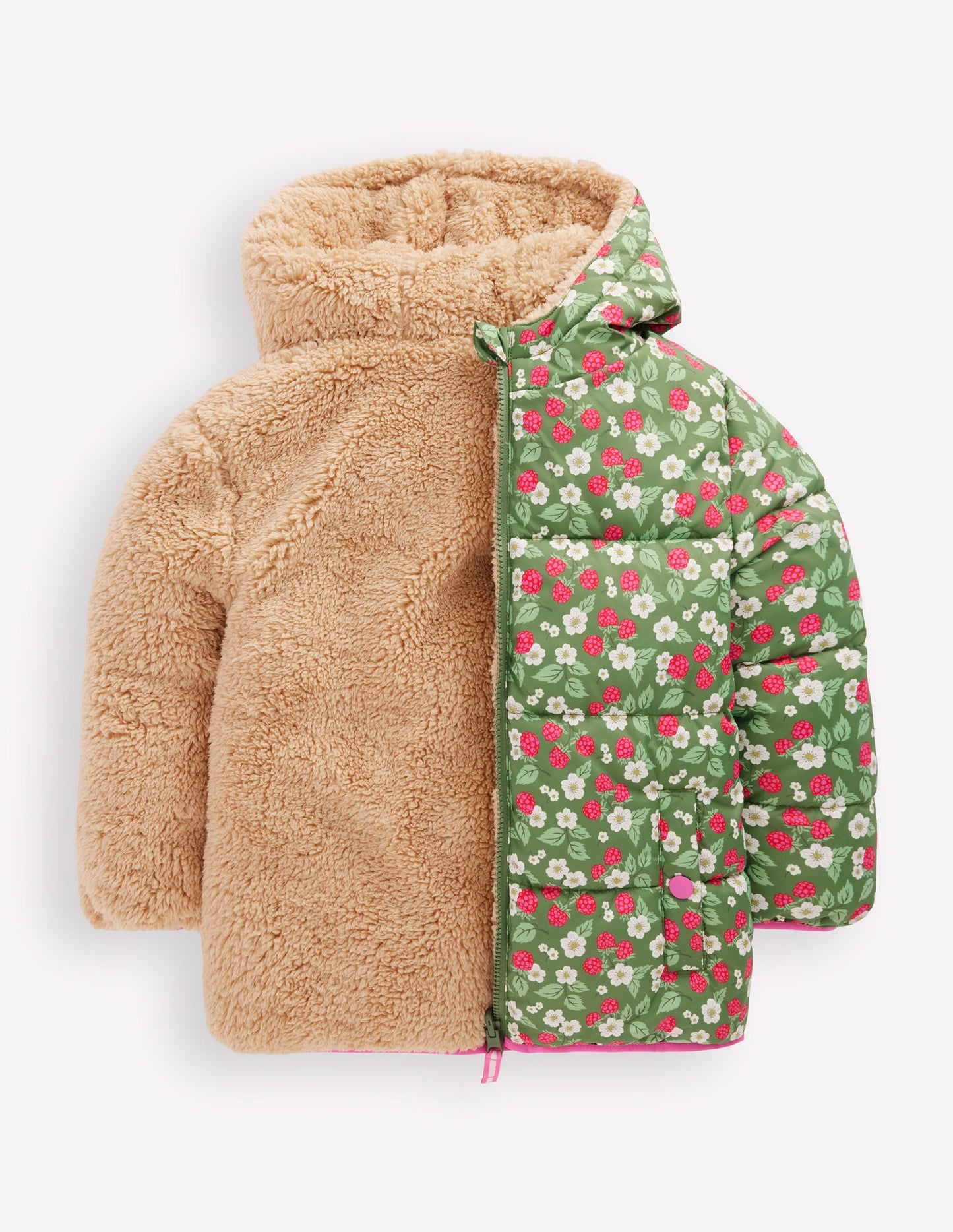 Wattierter Teddyfellmantel zum Wenden-Safarigrün Vintage-Beere