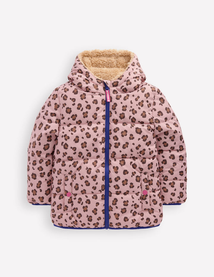 Reversible Padded Borg Coat-Pink Leopard