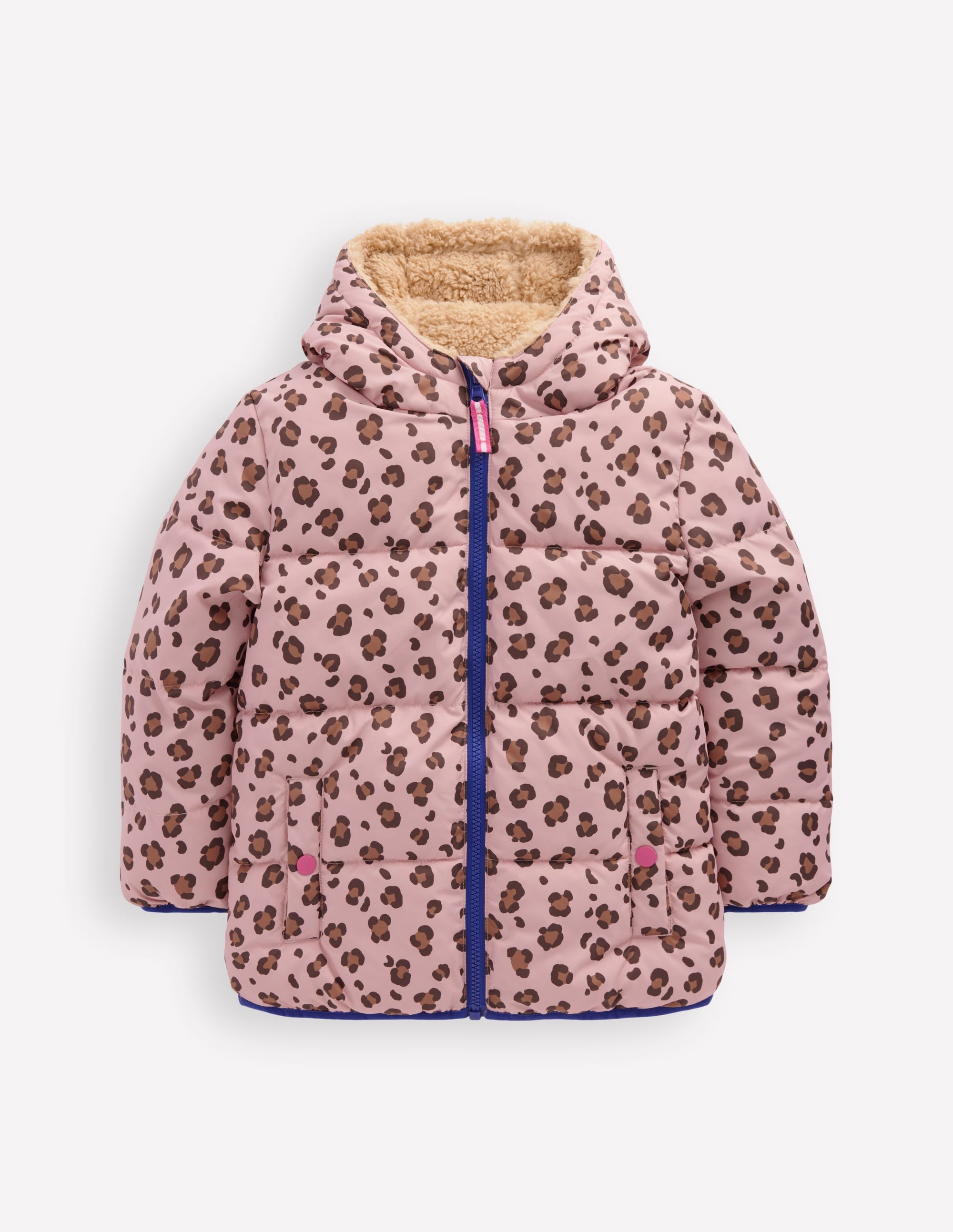 Reversible Padded Borg Coat-Pink Leopard - Image 1