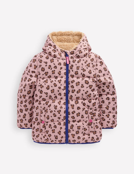 Wattierter Teddyfellmantel zum Wenden-Pink Leopardenmuster