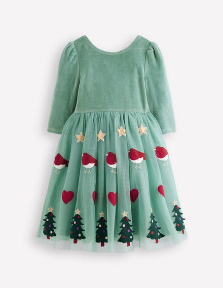 Velours-Tüllkleid mit Applikation-Rotkehlchen-Motiv