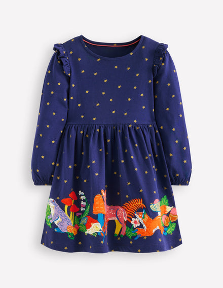 Jersey-Kleid mit Applikation-Schuluniform-Navy, Tiere