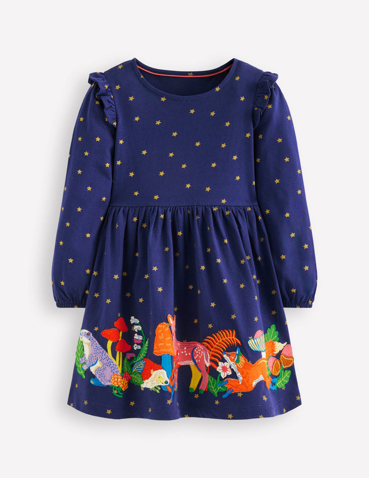 Jersey-Kleid mit Applikation-Schuluniform-Navy, Tiere