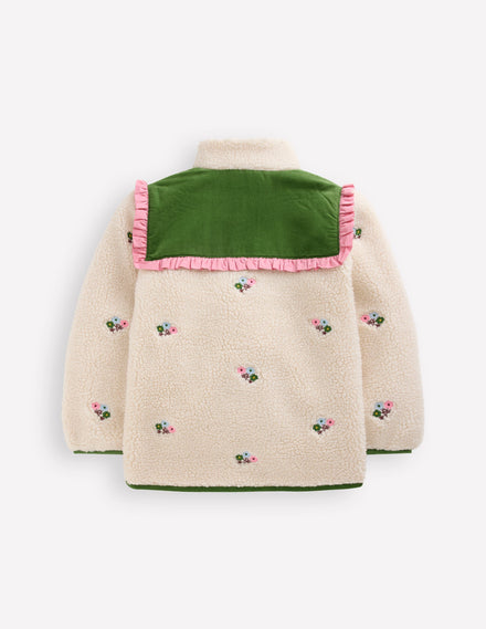 Hübsche Jacke aus Teddyfell-Mix-Sanftes Naturweiß Stickerei