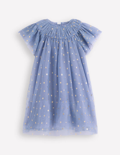 Robe à volants en tulle-Bleu tempête-4