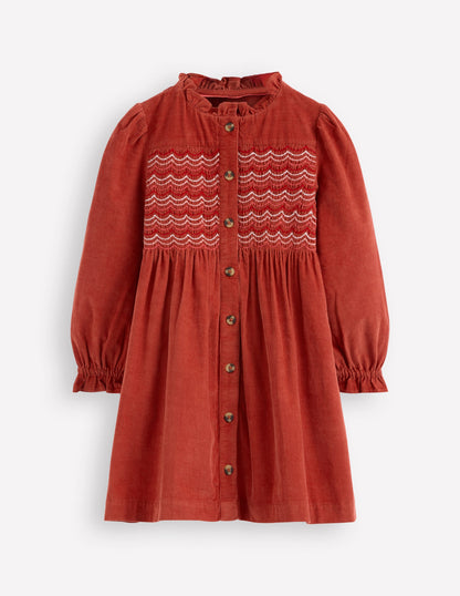 Suki Langärmeliges, gesmoktes Kleid-Kupferrot-1