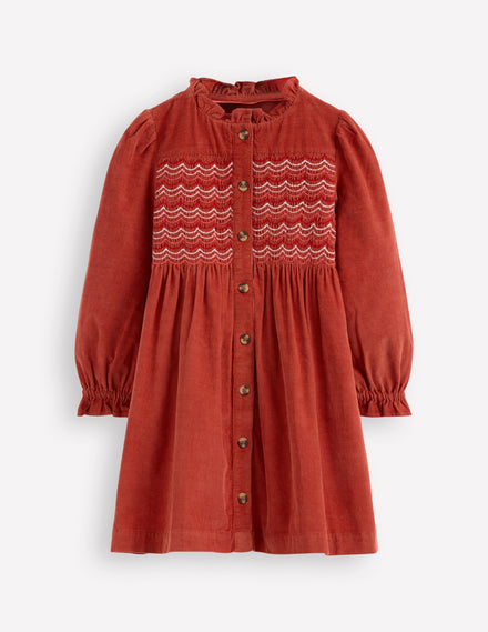 Suki Langärmeliges, gesmoktes Kleid-Kupferrot