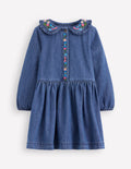 Denim Embroidered Collar Dress-Mid Vintage Denim