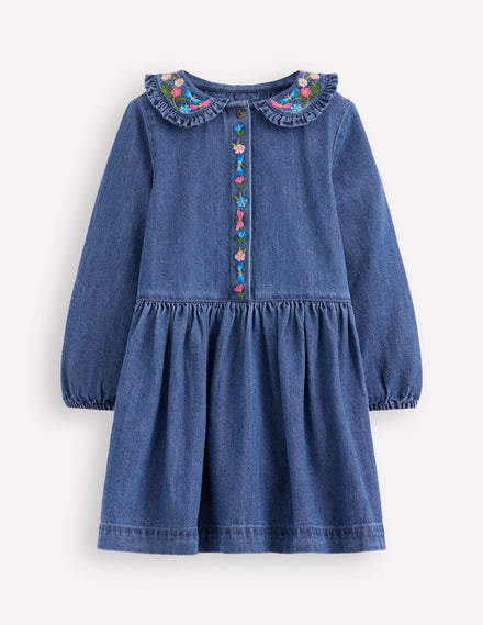 Robe en jean à col brodé-Denim vintage moyen