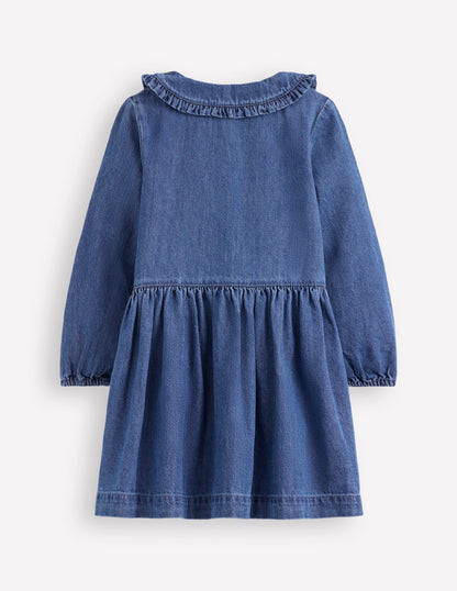 Robe en jean à col brodé-Denim vintage moyen-3