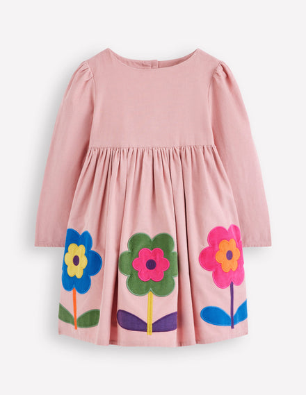 Robe en velours côtelé à appliqués-Fleur rose amande