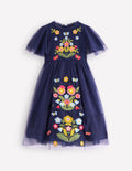 Tüllkleid mit Stickerei-Schuluniform-Marineblau