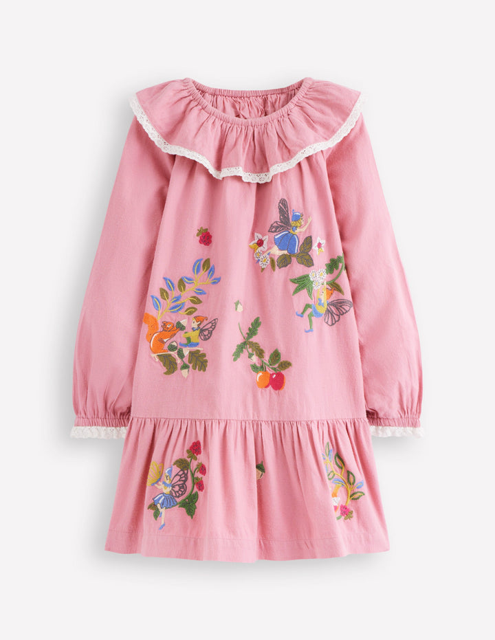 Gewebtes Kleid mit Spitzenbesatz-Zuckerwattenrosa Feen