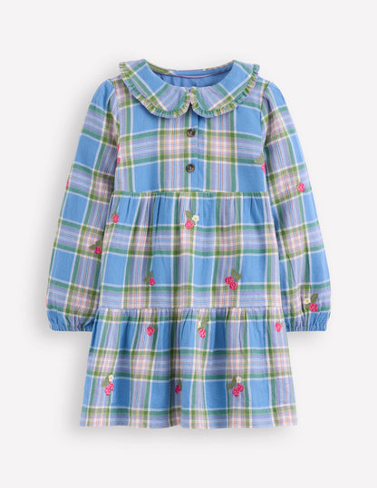 Robe tissée à col Minna-Carreaux bleu plume de paon-1