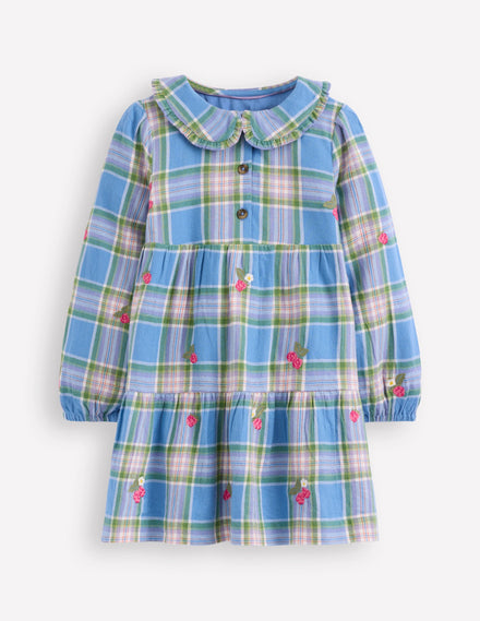 Robe tissée à col Minna-Carreaux bleu plume de paon